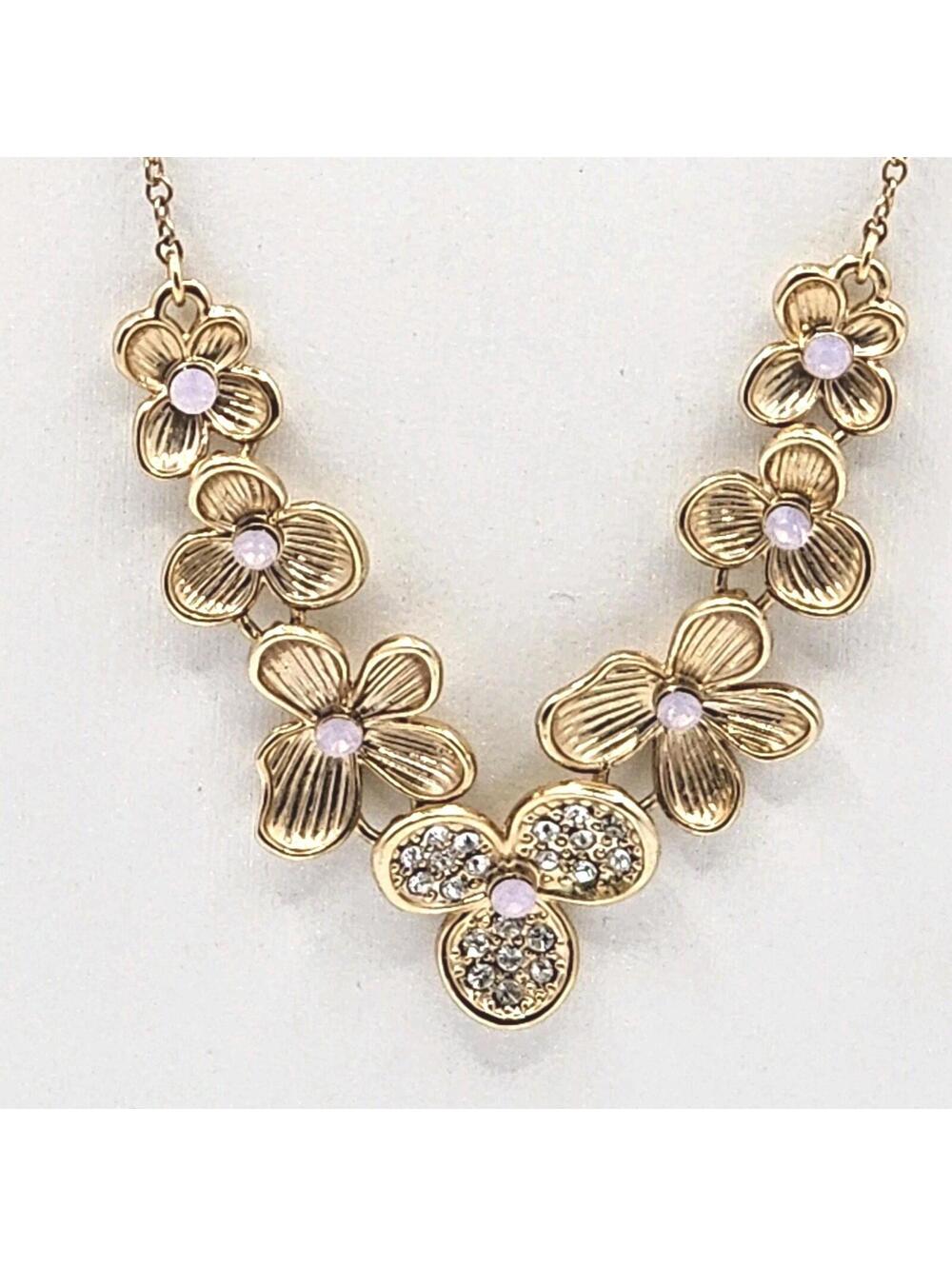 BaubleBar Gold Tone Floral Statement Necklace 20" BB Signed Crystal Flowers